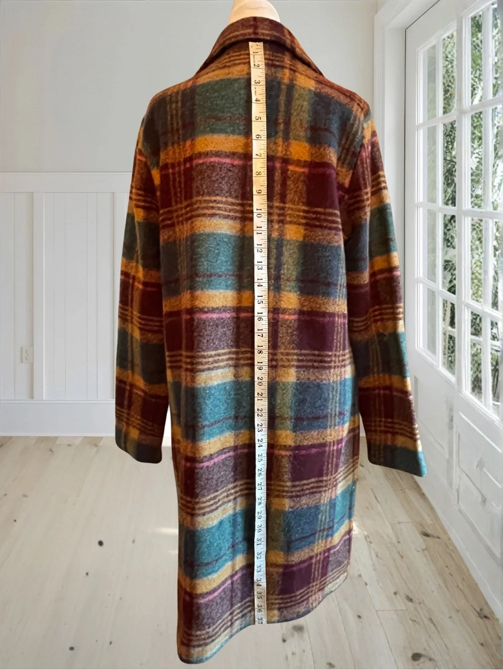 RACHEL ZOE Womens Large Plaid Wool Blend Overcoat NWOT Teal Gold Burgundy Coat - Picture 9 of 14